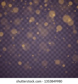 Light abstract glowing bokeh lights. Bokeh lights effect isolated on transparent background. Festive purple and golden luminous background. Christmas concept.