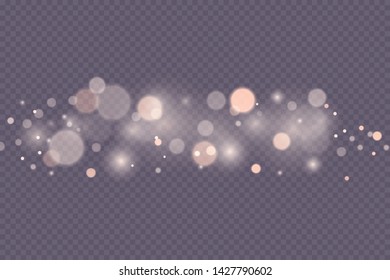 Light abstract glowing bokeh lights. Bokeh lights effect isolated on transparent background. Festive purple and golden luminous background. Christmas concept.