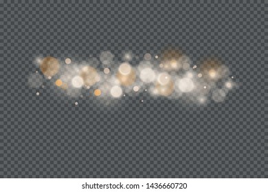 Light abstract glowing bokeh lights. Bokeh lights effect isolated on transparent background. Festive purple and golden luminous background. Christmas concept.