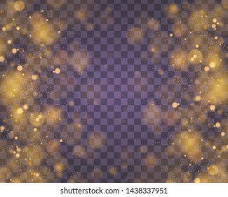 Light abstract glowing bokeh lights. Bokeh lights effect isolated on transparent background. Festive purple and golden luminous background. Christmas concept. Vector