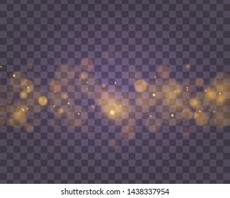 Light abstract glowing bokeh lights. Bokeh lights effect isolated on transparent background. Festive purple and golden luminous background. Christmas concept. Vector