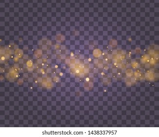 Light abstract glowing bokeh lights. Bokeh lights effect isolated on transparent background. Festive purple and golden luminous background. Christmas concept. Vector