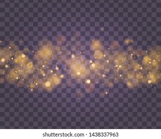 Light abstract glowing bokeh lights. Bokeh lights effect isolated on transparent background. Festive purple and golden luminous background. Christmas concept. Vector