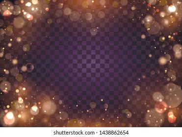 	
Light abstract glowing bokeh lights. Bokeh lights effect isolated on transparent background. Festive purple and golden luminous background. Christmas concept. Blurred light frame. Vector 