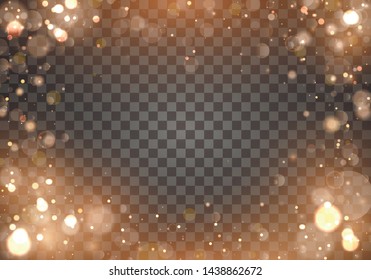 	
Light abstract glowing bokeh lights. Bokeh lights effect isolated on transparent background. Festive purple and golden luminous background. Christmas concept. Blurred light frame. Vector 