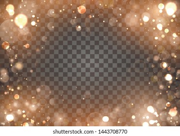 Light abstract glowing bokeh lights. Bokeh lights effect isolated on transparent background. Festive purple and golden luminous background. Christmas concept. Blurred light frame. Vector 