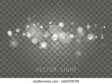 Light abstract glowing bokeh lights effect isolated on transparent background. Festive purple and golden luminous background. Christmas concept. Blurred light frame. Vector 