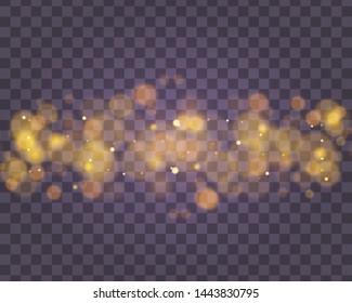 Light abstract glowing bokeh lights. Bokeh lights effect isolated on transparent background. Festive purple and golden luminous background. Christmas concept. Vector