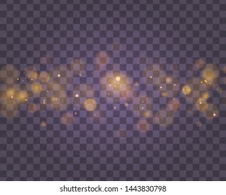 Light abstract glowing bokeh lights. Bokeh lights effect isolated on transparent background. Festive purple and golden luminous background. Christmas concept. Vector