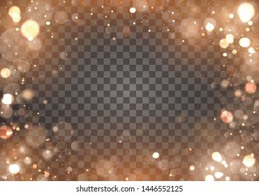 	
Light abstract glowing bokeh lights. Bokeh lights effect isolated on transparent background. Festive purple and golden luminous background. Christmas concept. Blurred light frame. Vector 