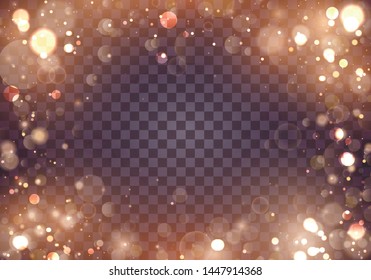 	
Light abstract glowing bokeh lights. Bokeh lights effect isolated on transparent background. Festive purple and golden luminous background. Christmas concept. Blurred light frame. Vector 