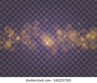 Light abstract glowing bokeh lights. Bokeh lights effect isolated on transparent background. Festive purple and golden luminous background. Christmas concept. Vector