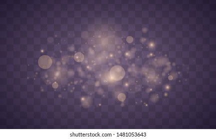 Light abstract glowing bokeh lights. Bokeh lights effect isolated on transparent background. Festive purple and golden luminous background. Christmas concept.