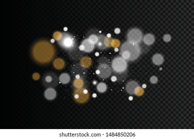 Light abstract glowing bokeh lights. Bokeh lights effect isolated on transparent background. Festive purple and golden luminous background. Christmas concept.