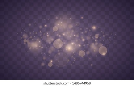 Light abstract glowing bokeh lights. Bokeh lights effect isolated on transparent background. Festive purple and golden luminous background. Christmas concept.