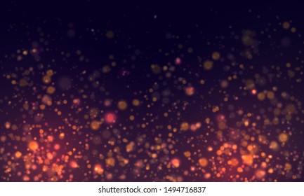 Light abstract glowing bokeh lights. Festive purple and golden luminous background with colorful lights bokeh. Magic concept. Christmas concept.