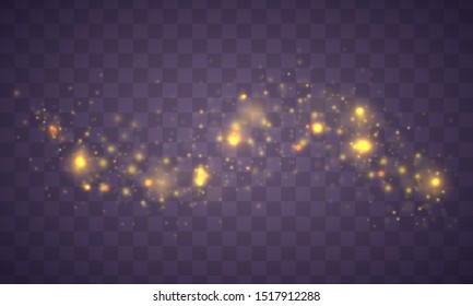 Light abstract glowing bokeh lights. Bokeh lights effect isolated on transparent background. Festive purple and golden luminous background. Christmas concept.