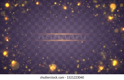 Light abstract glowing bokeh lights. Bokeh lights effect isolated on transparent background. Festive purple and golden luminous background. Christmas concept.