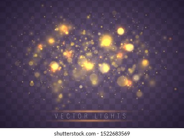 Light abstract glowing bokeh lights. Bokeh lights effect isolated on transparent background. Festive purple and golden luminous background. Christmas concept.