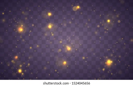 Light abstract glowing bokeh lights. Bokeh lights effect isolated on transparent background. Festive purple and golden luminous background. Christmas concept.