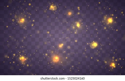 Light abstract glowing bokeh lights. Bokeh lights effect isolated on transparent background. Festive purple and golden luminous background. Christmas concept.