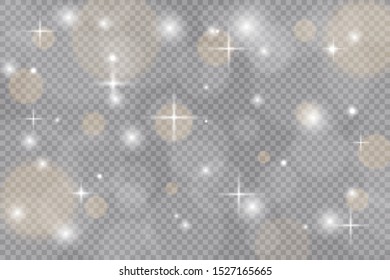 Light abstract glowing bokeh lights. Bokeh lights effect isolated on transparent background. Festive purple and golden luminous background. Christmas concept.