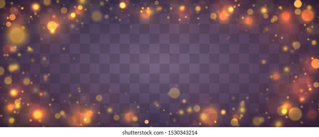 Light abstract glowing bokeh lights. Bokeh lights effect isolated on transparent background. Festive purple and golden luminous background. Christmas concept.