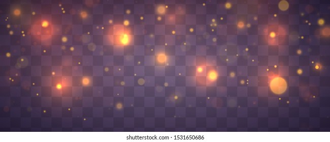 Light abstract glowing bokeh lights. Bokeh lights effect isolated on transparent background. Festive purple and golden luminous background. Christmas concept.