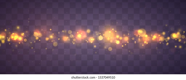 Light abstract glowing bokeh lights. Bokeh lights effect isolated on transparent background. Festive purple and golden luminous background. Christmas concept.