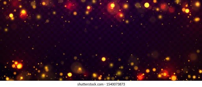 Light abstract glowing bokeh lights. Bokeh lights effect isolated on transparent background. Festive purple and golden luminous background. Christmas concept.