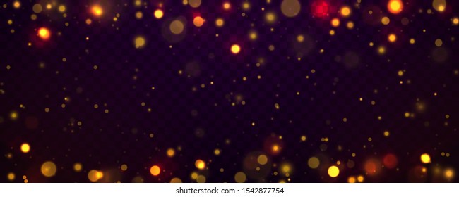 Light abstract glowing bokeh lights. Bokeh lights effect isolated on transparent background. Festive purple and golden luminous background. Christmas concept.