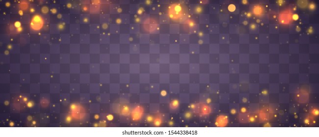 Light abstract glowing bokeh lights. Bokeh lights effect isolated on transparent background. Festive purple and golden luminous background. Christmas concept.