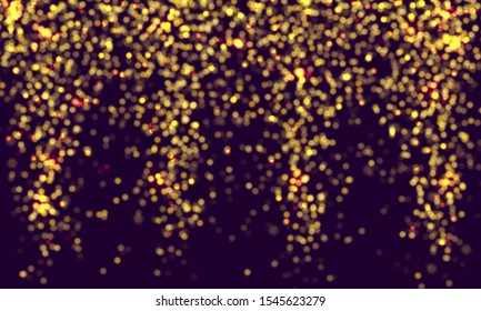 Light abstract glowing bokeh lights. Bokeh lights effect isolated on transparent background. Festive purple and golden luminous background. Christmas concept. Vector illustration. 