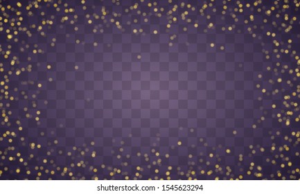 Light abstract glowing bokeh lights. Bokeh lights effect isolated on transparent background. Festive purple and golden luminous background. Christmas concept. Vector illustration. 