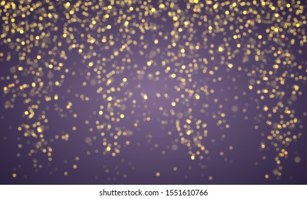 Light abstract glowing bokeh lights. Bokeh lights effect isolated on transparent background. Festive purple and golden luminous background. Christmas concept. Vector illustration. 