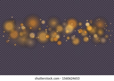 Light abstract glowing bokeh lights. Bokeh lights effect isolated on transparent background. Festive purple and golden luminous background. Christmas concept. Vector
