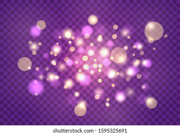 Light abstract glowing bokeh lights. Bokeh lights effect isolated on transparent background. Festive purple and golden luminous background. Vector sparkles on transparent background.