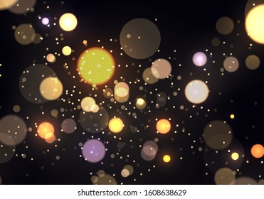 Light abstract glowing bokeh lights. Festive purple and golden luminous background with colorful lights bokeh. Magic concept. Christmas concept. Abstract background with bokeh effect.