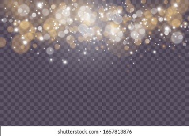 Light abstract glowing bokeh lights. Bokeh lights effect isolated on transparent background. Festive purple and golden luminous background. Christmas concept.