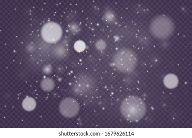 Light abstract glowing bokeh lights. Bokeh lights effect isolated on transparent background. Festive purple and golden luminous background. Christmas concept