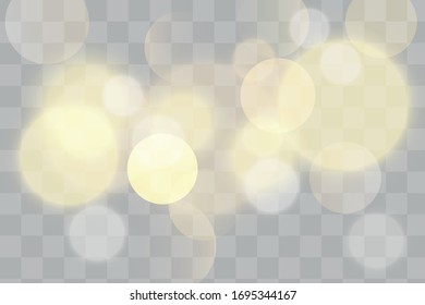 Light abstract glowing bokeh lights. Bokeh lights effect isolated on transparent background. Festive purple and golden luminous background.