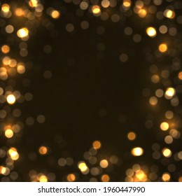 Light abstract glowing bokeh lights. Shining star, sun particles and sparks with lens flare effect on black background. Sparkling magical dust particles. Christmas concept. Vector illustration.