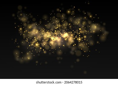 Light abstract glowing bokeh lights. Shining star, sun particles and sparks with lens flare effect on black background. Sparkling magical dust particles. Christmas concept. Vector illustration.