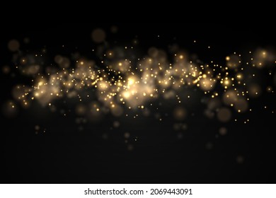 Luces de bokeh abstractas y luminosas. Estrella brillante, partículas solares y chispas con efecto de lente sobre el fondo negro. Parpadeando mágicas partículas de polvo. concepto de Navidad. Ilustración vectorial.