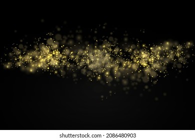 Light abstract glowing bokeh lights. Shining star, sun particles and sparks with lens flare effect on black background. Sparkling magical dust particles. Christmas concept. Vector illustration.