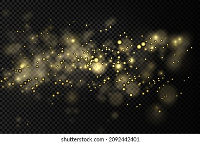 Light abstract glowing bokeh lights. Shining star, sun particles and sparks with lens flare effect on transparent background. Sparkling magical dust particles. Christmas concept. Vector illustration.