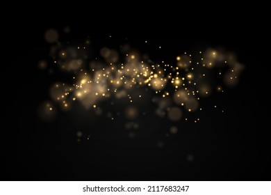 Light abstract glowing bokeh lights. Shining star, sun particles and sparks with lens flare effect on black background. Sparkling magical dust particles. Christmas concept. Vector illustration.