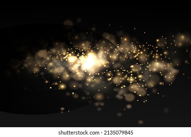 Light abstract glowing bokeh lights. Shining star, sun particles and sparks with lens flare effect on black background. Sparkling magical dust particles. Christmas concept. Vector illustration.
