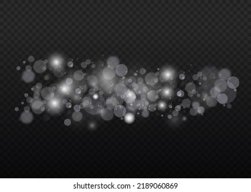 Light abstract glowing bokeh lights. Light bokeh effect isolated on transparent background. Christmas background from shining dust. Christmas concept flare sparkle. White png dust light. 