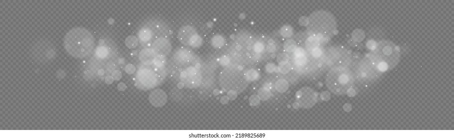 Light abstract glowing bokeh lights. Light bokeh effect isolated on transparent background. Christmas background from shining dust. Christmas concept flare sparkle. White png dust light. 